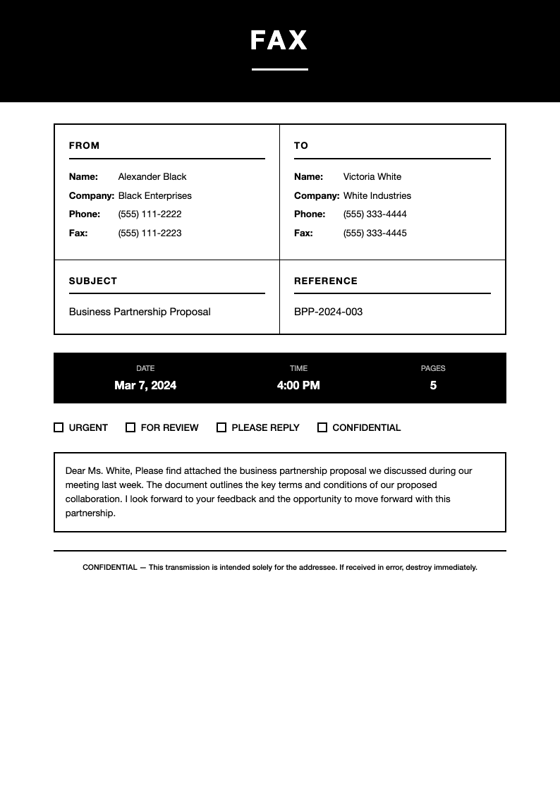 Black white bold fax cover page